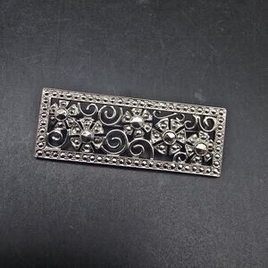 1928 Brand Silver Tone Floral Brooch Faux Marcasite Rectangle Vintage